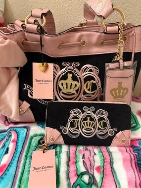 Juicy Couture Black & Pink Crown Logo Tote with Matching Wallet